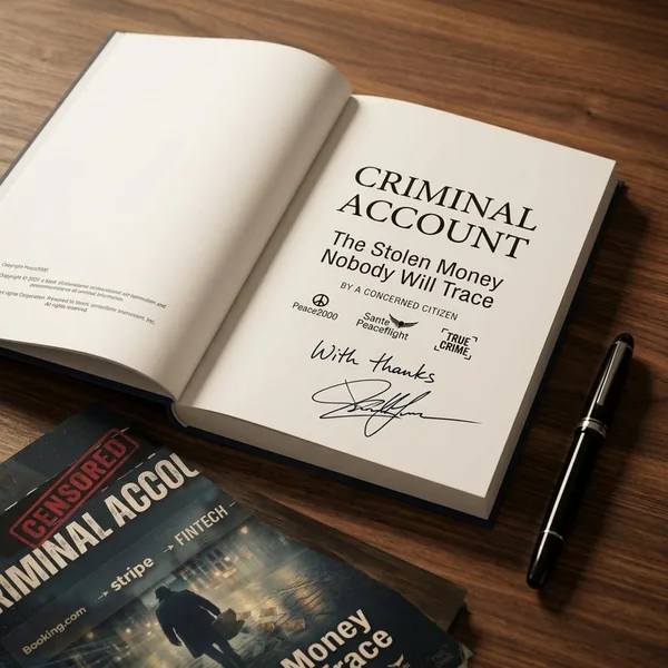 Criminal Account open at the title page, signed by the author, with a pen