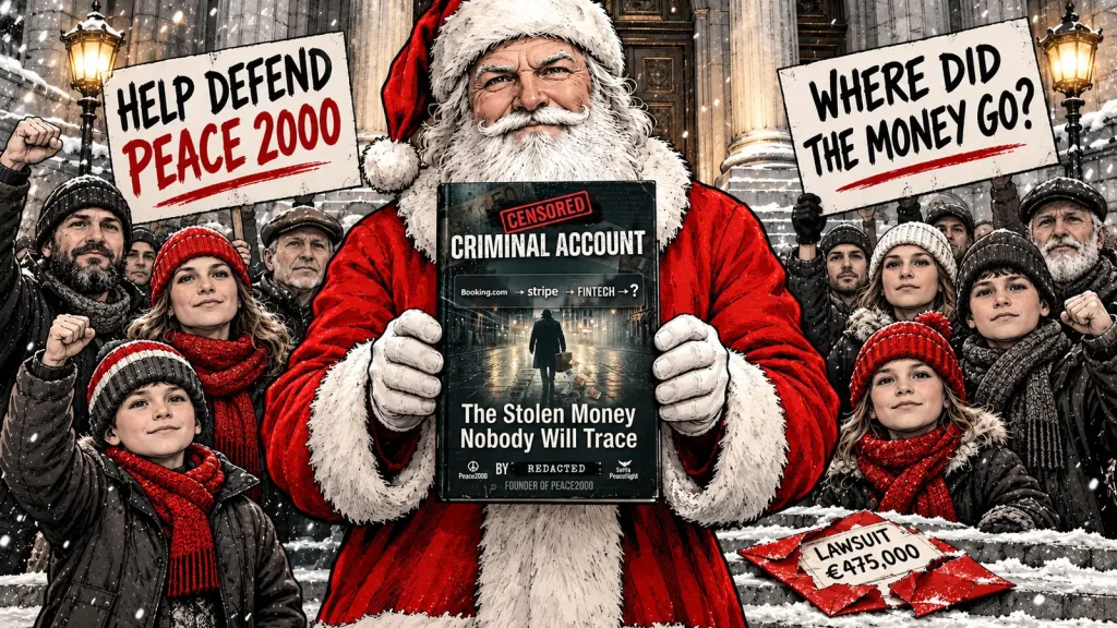 Santa on the courthouse steps holding the book Criminal Account, surrounded by supporters with signs Help defend Peace 2000 and Where did the money go