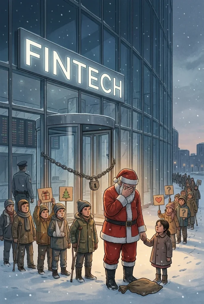 Santa with his head in his hand outside a locked bank, surrounded by children holding gift signs in the snow